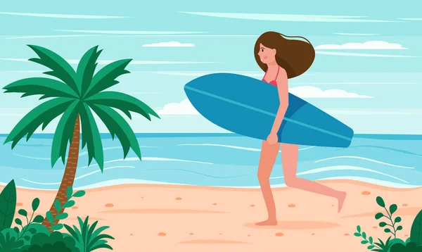 Plajda Sörf Tahtası Olan Komik Bir Yaz Kızı Eps — Stok Vektör