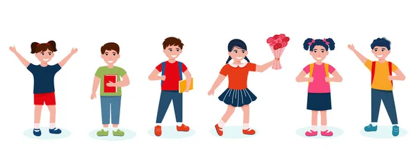 Kinderen Gaan Naar School Jongens Meisjes Leuke Personages Cartoon Stijl — Stockvector