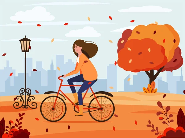 Herbstlandschaft Das Mädchen Fährt Fahrrad Herbst Hintergrund Vektorillustration Flachen Stil — Stockvektor