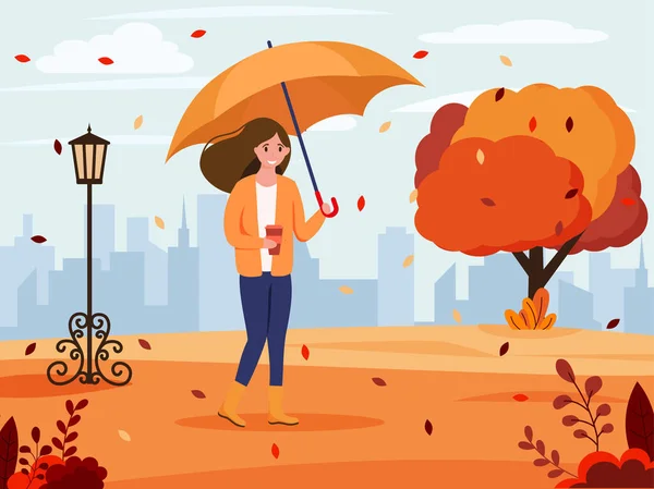Herbstlandschaft Das Mädchen Geht Unter Einen Regenschirm Herbst Hintergrund Vektorillustration — Stockvektor