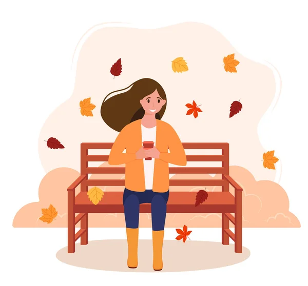 Φθινοπωρινό Τοπίο Κορίτσι Κάθεται Ένα Παγκάκι Καφέ Φθινόπωρο Φόντο Εικονογράφηση — Διανυσματικό Αρχείο