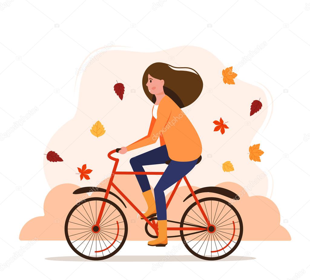 Autumn landscape. The girl rides a bike. Autumn background. Vector illustration in flat style. EPS 10