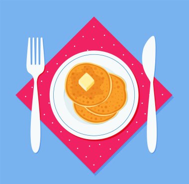 Tabakta kahvaltı krepleri, çatal ve peçetede bıçakla. Düz stil EPS 10 ile vektör illüstrasyonu