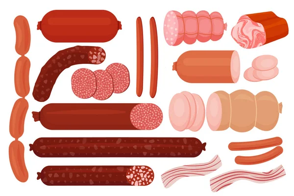 Meat Sausages Set Fresh Prepared Meat Beef Pork Pieces Bacon — Stock Vector