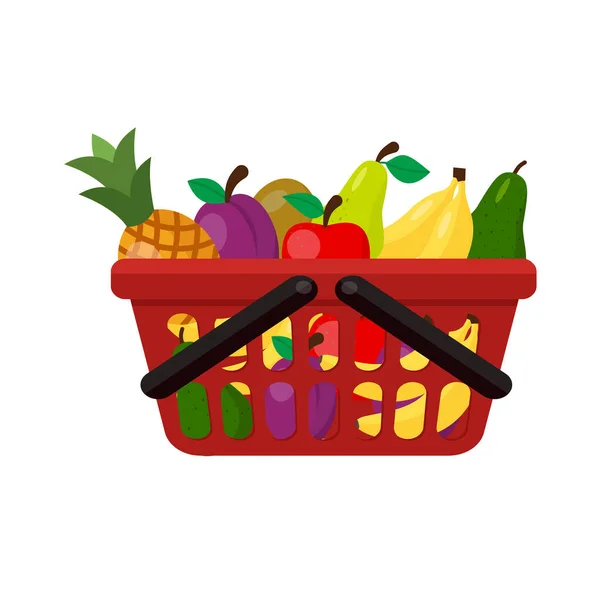 塑料红色篮子超市与水果和存储容器 矢量购物篮现实的例子孤立在白色的背景 Eps — 图库矢量图片