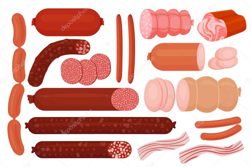 Meat and sausages Set of fresh and prepared meat. Beef, pork, pieces of bacon. Cartoon style realistic vector illustration icons isolated on white background EPS 10