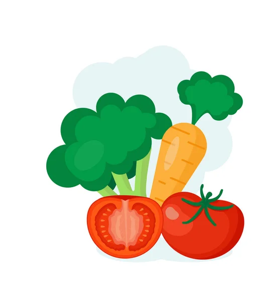 Awokado Pomidor Brokuły Marchew Świeża Dietetyczna Organiczna Jedzenie Styl Kreskówki — Wektor stockowy