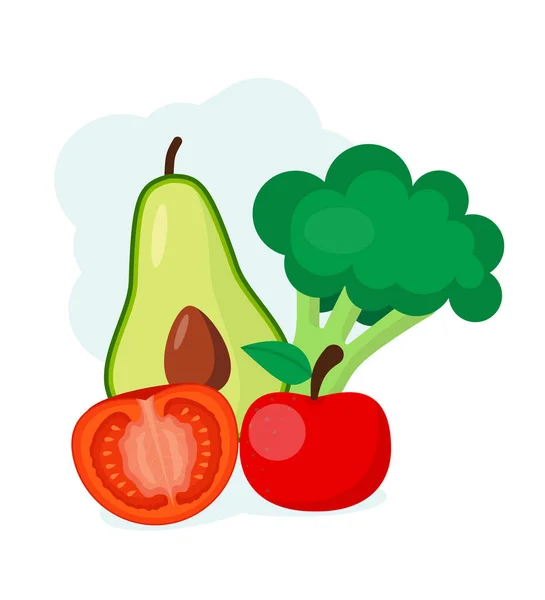 Awokado Jabłko Brokuły Marchewka Świeże Dietetyczne Organiczne Jedzenie Styl Kreskówki — Wektor stockowy