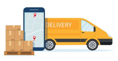 Minibüsle ücretsiz, ekspres, ev veya hızlı teslimat hizmeti. Paketler dolusu araba ve çevrimiçi dağıtım takibi için mobil uygulamalı akıllı telefon. Düz stil vektör çizimi. Eps 10