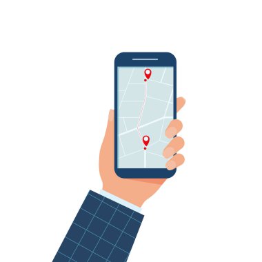 Man Hand akıllı telefondan şehir haritası GPS navigatörünü akıllı telefon ekranında tutuyor. Mobil navigasyon konsepti. Web afişleri, web, bilgi grafikleri için modern düz tasarım. düz çizgi film illüstrasyon Eps 10