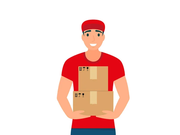 Homem Entrega Stand Holding Goods Parcel Eps — Vetor de Stock