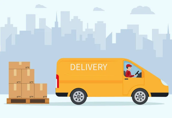 Free Home Delivery Service Van Yellow Car Stack Parcel Boxes — Stock Vector