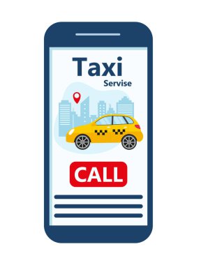 Taksi mobil uygulama şablonu. Şehir sarı arabalı akıllı telefon. Çevrimiçi mobil uygulama taksi servisi. Taksi servisi EPS 10 için vektör illüstrasyonu