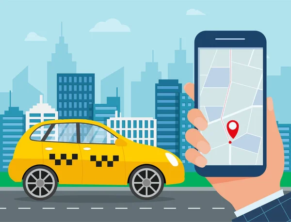 Taksi Kuning Tangan Dengan Smartphone Dan Aplikasi Taksi Kota Konsep - Stok Vektor