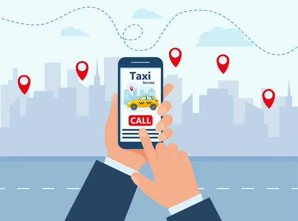 Templat Aplikasi Mobile Taksi Ponsel Pintar Dengan Mobil Kuning Kota - Stok Vektor
