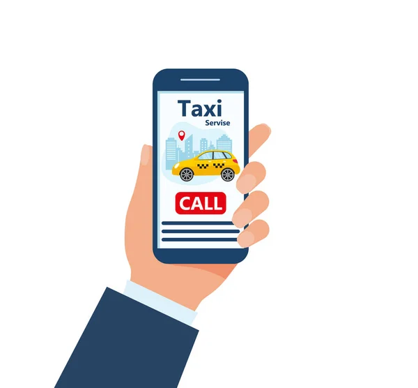 タクシーモバイルアプリテンプレート 市内黄色の車でスマートフォン オンラインモバイルアプリケーション注文タクシーサービス タクシーサービス用ベクトルイラスト Eps — ストックベクタ