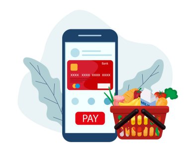 İnternetten alışveriş sipariş et. Akıllı telefonundan kartla öde. Naylon sepet ve bakkaliye. Düz vektör çizimi. EPS 10