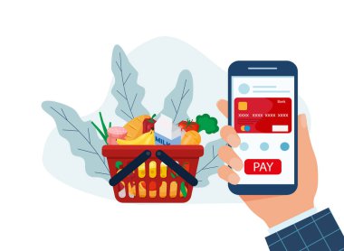 İnternetten alışveriş sipariş et. Akıllı telefonundan kartla öde. Naylon sepet ve bakkaliye. Düz vektör çizimi. EPS 10