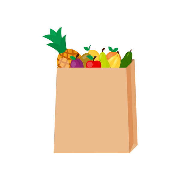 Paper bag with various fruits. Vector Illustration in flat style. Eps 10