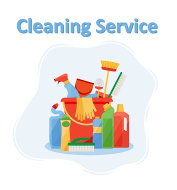 Süpürgeler, kovalar, paspaslar, spreyler, fırçalar, süngerler. Düz aksesuarlar. EPS 10