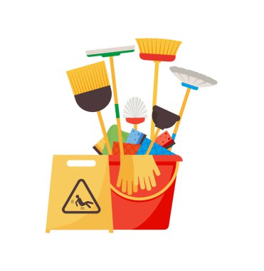 Süpürgeler, kovalar, paspaslar, spreyler, fırçalar, süngerler. Düz aksesuarlar. EPS 10
