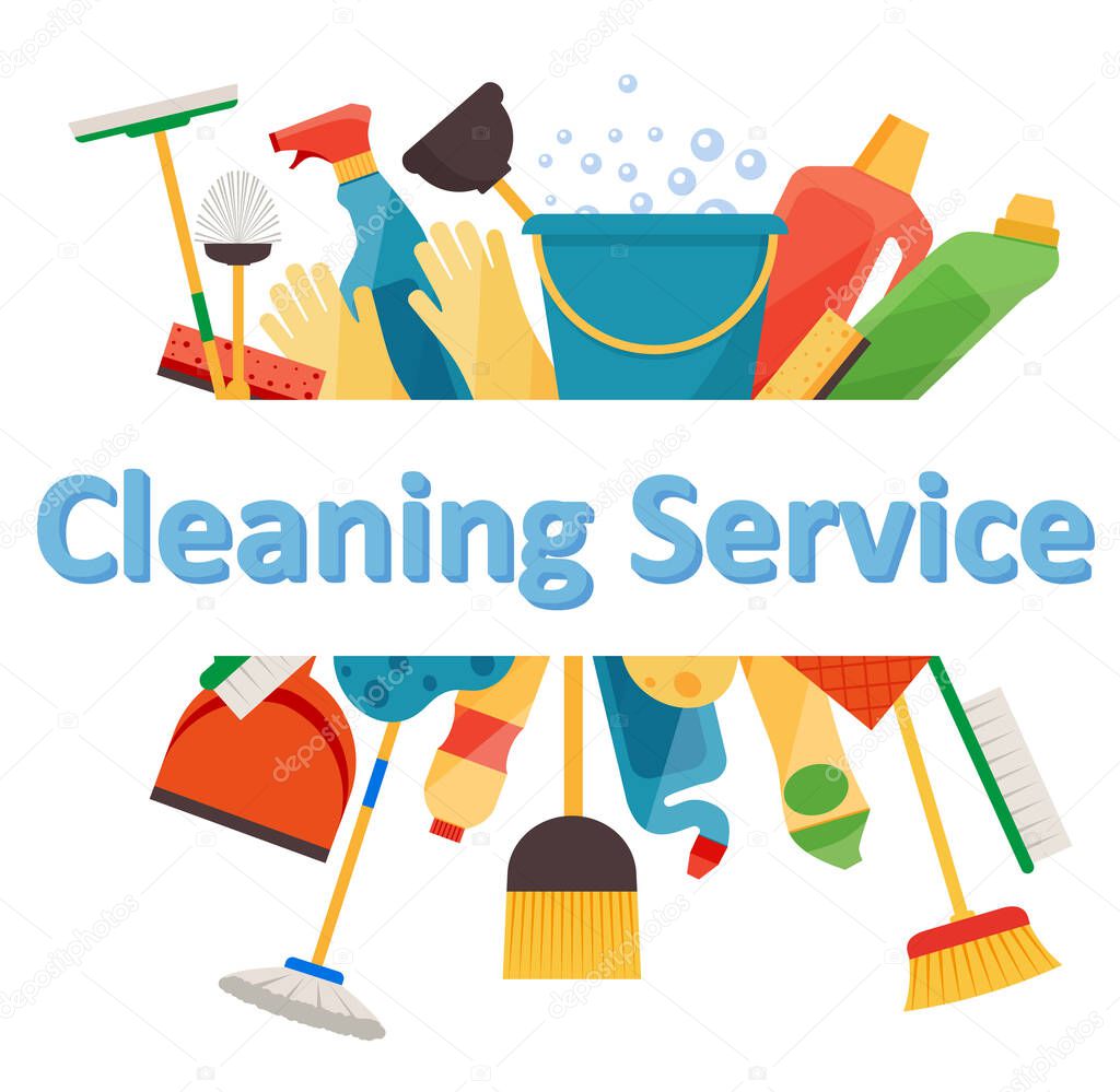 Assorted cleaning items set with brooms, bucket, mops, spray, brushes, sponges. Cleaning service. Cleaning accessories flat style. EPS 10