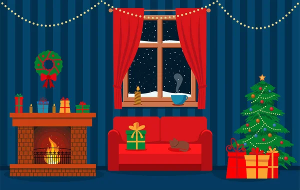 Уютный Интерьер Рождества Красным Диваном Подарками Камином Векторная Плоская Иллюстрация — стоковый вектор