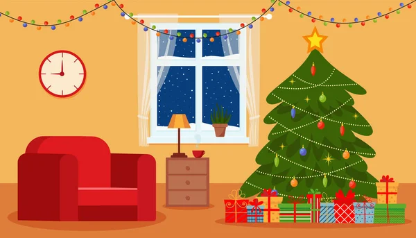 Άνετο Εσωτερικό Διαβίωσης Χριστούγεννα Κόκκινο Καναπέ Δώρα Και Δέντρο Διάνυσμα — Διανυσματικό Αρχείο