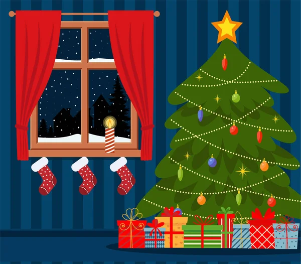 赤いソファ ギフト 木と居心地の良い生活インテリアクリスマス ベクトルフラットスタイルイラスト Eps — ストックベクタ