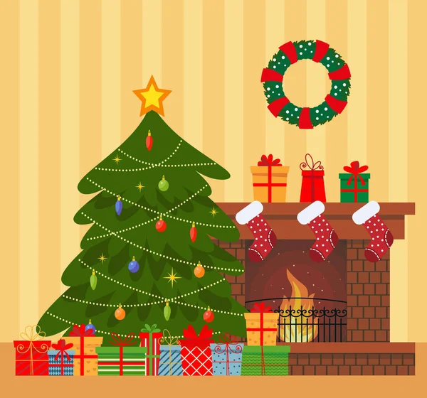 Hangulatos Belső Karácsonyi Piros Kanapé Ajándékok Vektor Lapos Stílusú Illusztráció — Stock Vector