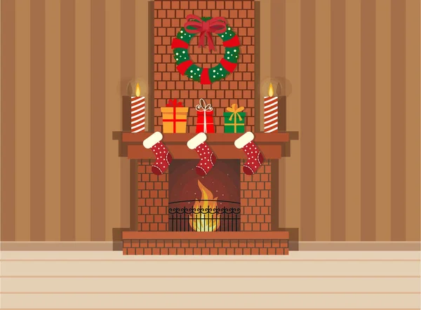 Acogedor Salón Interior Navidad Con Sofá Rojo Regalos Árbol Ilustración — Archivo Imágenes Vectoriales