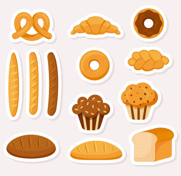 Набор милых векторных наклеек на пекарню. Плоский стиль. EPS 10