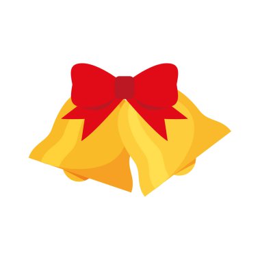 Altın çan ve kırmızı kurdele. Mutlu Noeller, mutlu yıllar. Çizgi film düz tasarım. Vektör çizimi. ESP 10