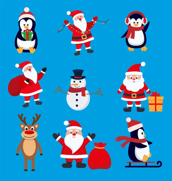 Juego Navidad Santa Claus Muñeco Nieve Venado Pingüino Vector Ilustración — Archivo Imágenes Vectoriales