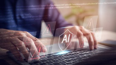 Güvenlik konsepti, yapay zeka kalkanı, uyarı işareti ve kontrol işareti, yapay zeka sisteminde güvenlik önlemleri.