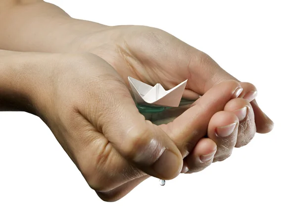 Paper boat in hands — Stock Photo, Image