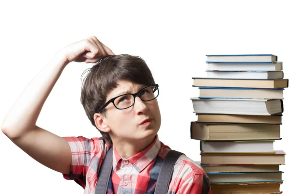 Girl near  a stack of books — Stock Photo, Image