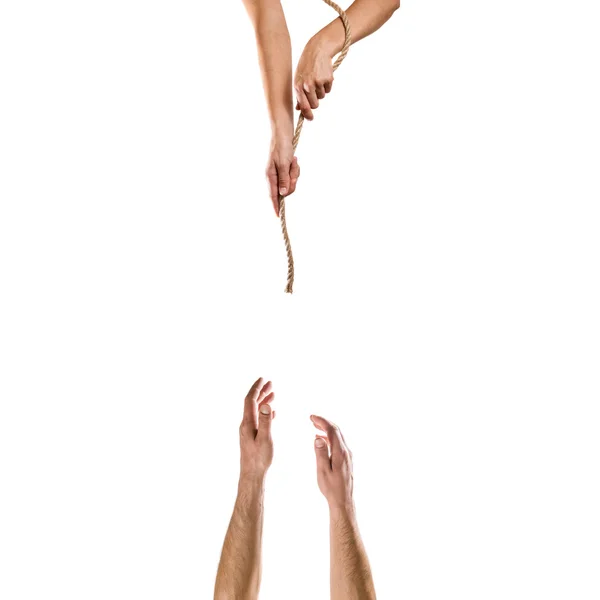Kéz kezet egy kötél ember bajban — Stock Fotó