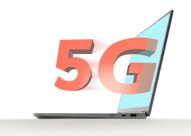 Laptopta 5G simgesi var. 5G ağına yüksek hızlı internet erişimi. Beyazda izole edilmiş