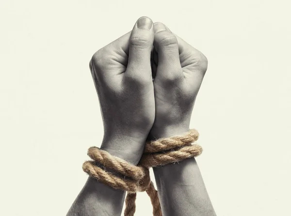 Mãos Mulher Amarradas Com Uma Corda Tráfico Pessoas Escravatura Violência — Fotografia de Stock