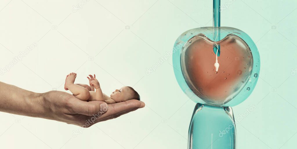 Ovum with needle and sperm for artificial insemination or in vitro fertilization and human baby on palm of hand. Concept of artificial insemination or fertility treatment. 