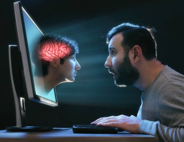 Yapay zekanın metaforu olarak bir kadının kafası dizüstü bilgisayarın ekranından dışarı bakıyor..