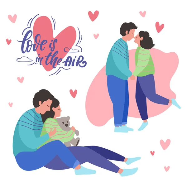 Ein Satz Romantischer Illustrationen Über Ein Junges Verliebtes Paar Und — Stockvektor