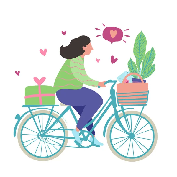 Ein Verliebtes Mädchen Auf Einem Fahrrad Mit Blumentopf Brief Und — Stockvektor