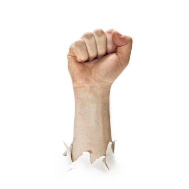 Güç kavramı. Adamın yumruğu kağıtta delik açıyor. Beyazda izole edilmiş.