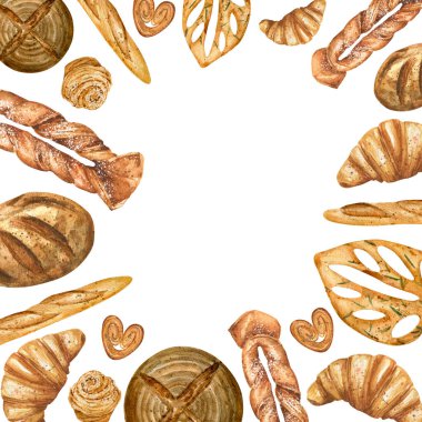 Farklı ekmek ve hamur işleri içeren suluboya çerçeve