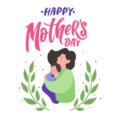 Anneler Günün kutlu olsun. Çocuklu gülümseyen bir annenin portresi ve el yazısı.. 