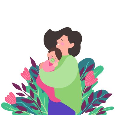 Çiçekler ve yeşillikler arasında çocuklu bir annenin portresi. Gülümseyen anne bebeğe sarılıyor.