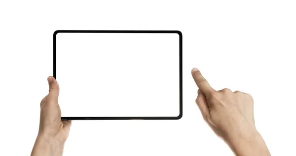 Digitális Tabletta Női Kezekben Fehér Elszigetelt Háttérrel Szabad Hely Szövegnek — Stock Fotó