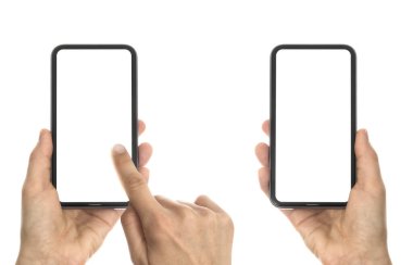 İşaret parmağı ve akıllı telefonuyla beyaz izole edilmiş arka planda kadınların elinde. Metin için boş alan.